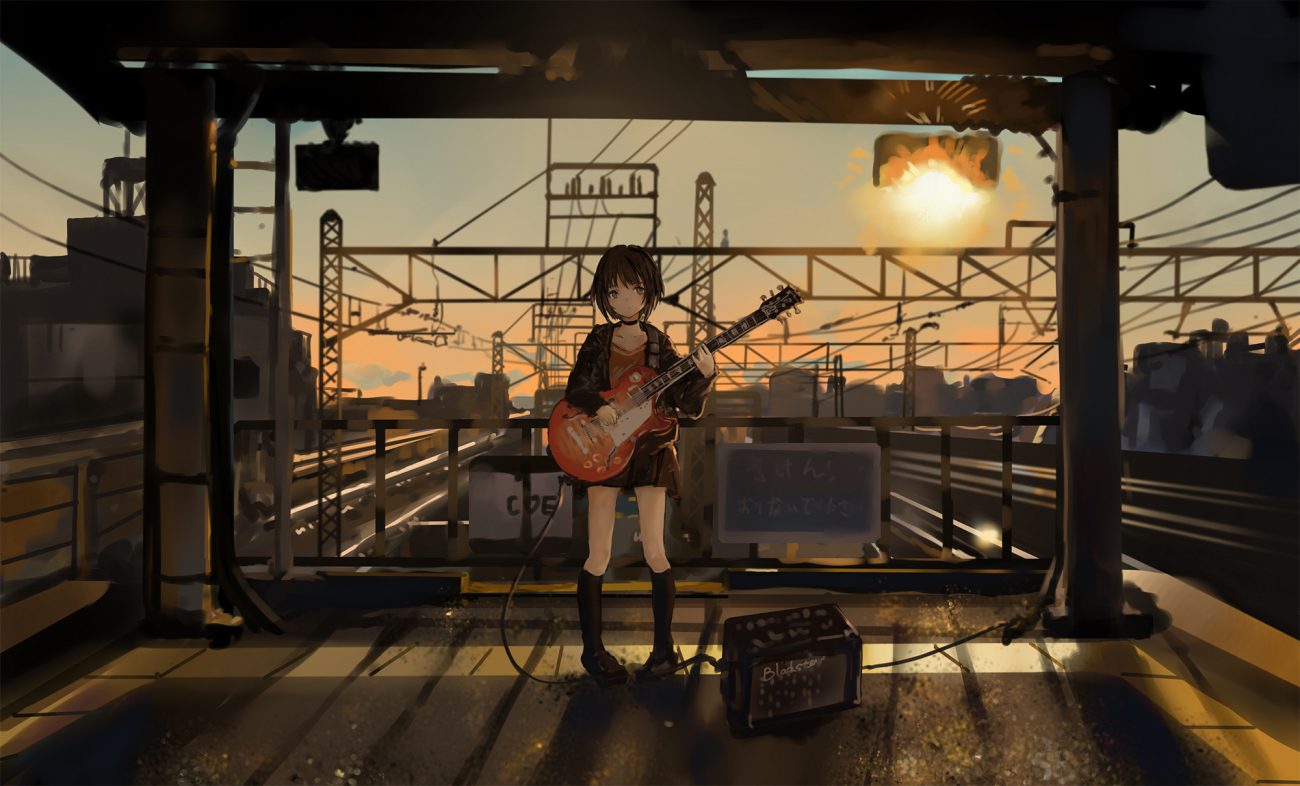 catzz choker guitar instrument kneehighs original short hair skirt sunset train
