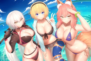 animal ears bikini blonde hair blue eyes blush breasts bu li cleavage clouds fate/grand order fate (series) foxgirl gloves jeanne d'arc alter jeanne d'arc (fate) katana long hair navel pink hair ponytail sky swimsuit sword tail tamamo no mae (fate) water weapon white hair yellow eyes