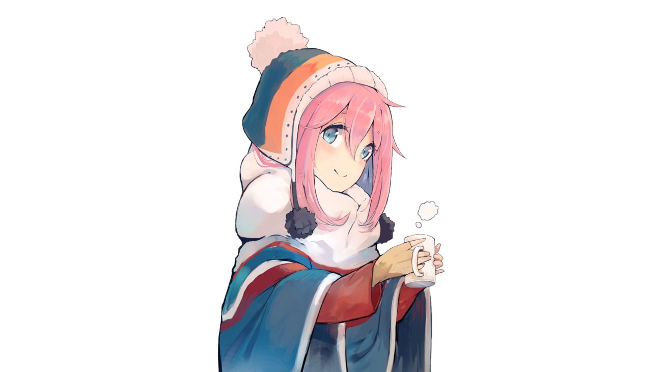 blush kagamihara nadeshiko long hair nasuno chiyo pink hair scarf third-party edit white yuru camp