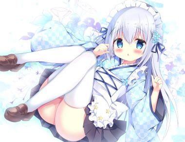 apron aqua eyes azumi kazuki blue hair blush flowers gochuumon wa usagi desu ka? japanese clothes kafuu chino kimono loli lolita fashion long hair maid ribbons skirt thighhighs