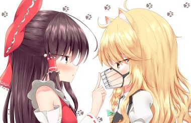 2girls animal ears black hair blonde hair blush braids close doggirl hakurei reimu japanese clothes kirisame marisa long hair mask miko rankasei touhou yellow eyes