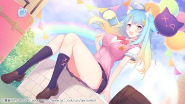animal ears aqua hair bow catgirl cat smile clouds kneehighs lanmewko long hair miko (royal milk) purple eyes rainbow school uniform skirt sky waifu2x watermark