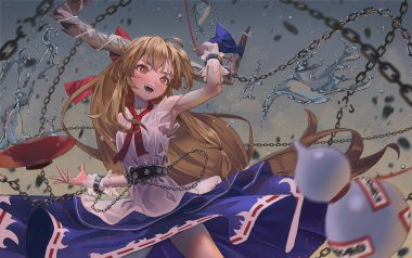 blonde hair blush bow chain demon dress drink fang horns ibuki suika loli long hair maachi (fsam4547) orange eyes sake shackles touhou wristwear