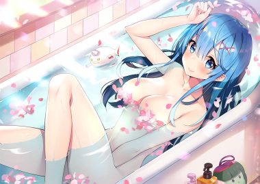 ayamy bath bathtub blue eyes blue hair blush breasts long hair nude petals rem (re:zero) re:zero kara hajimeru isekai seikatsu signed water