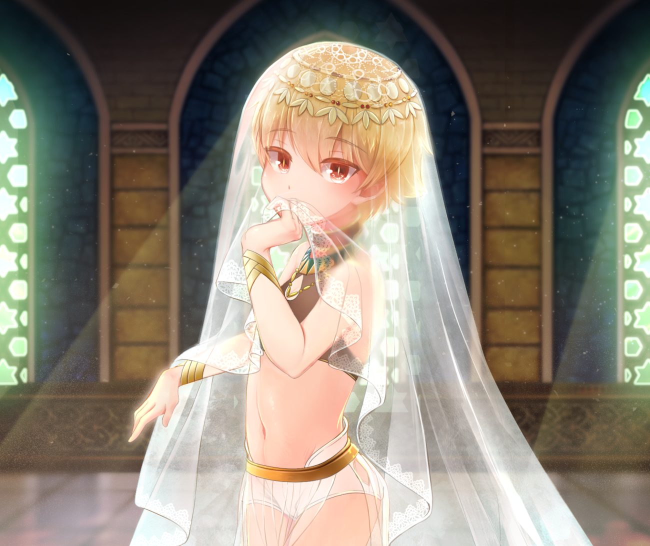 all male blonde hair fate/grand order fate (series) gilgamesh headdress male navel red eyes see through short hair soumen nigoki wristwear