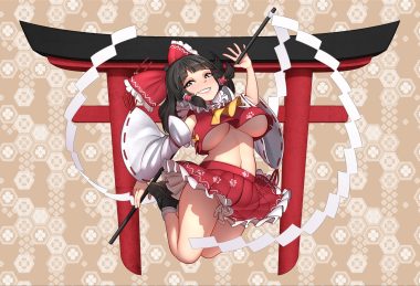 black hair bow breasts brown hakurei reimu japanese clothes long hair miko mochi (chain csn) navel no bra nopan skirt socks staff torii touhou underboob yellow eyes