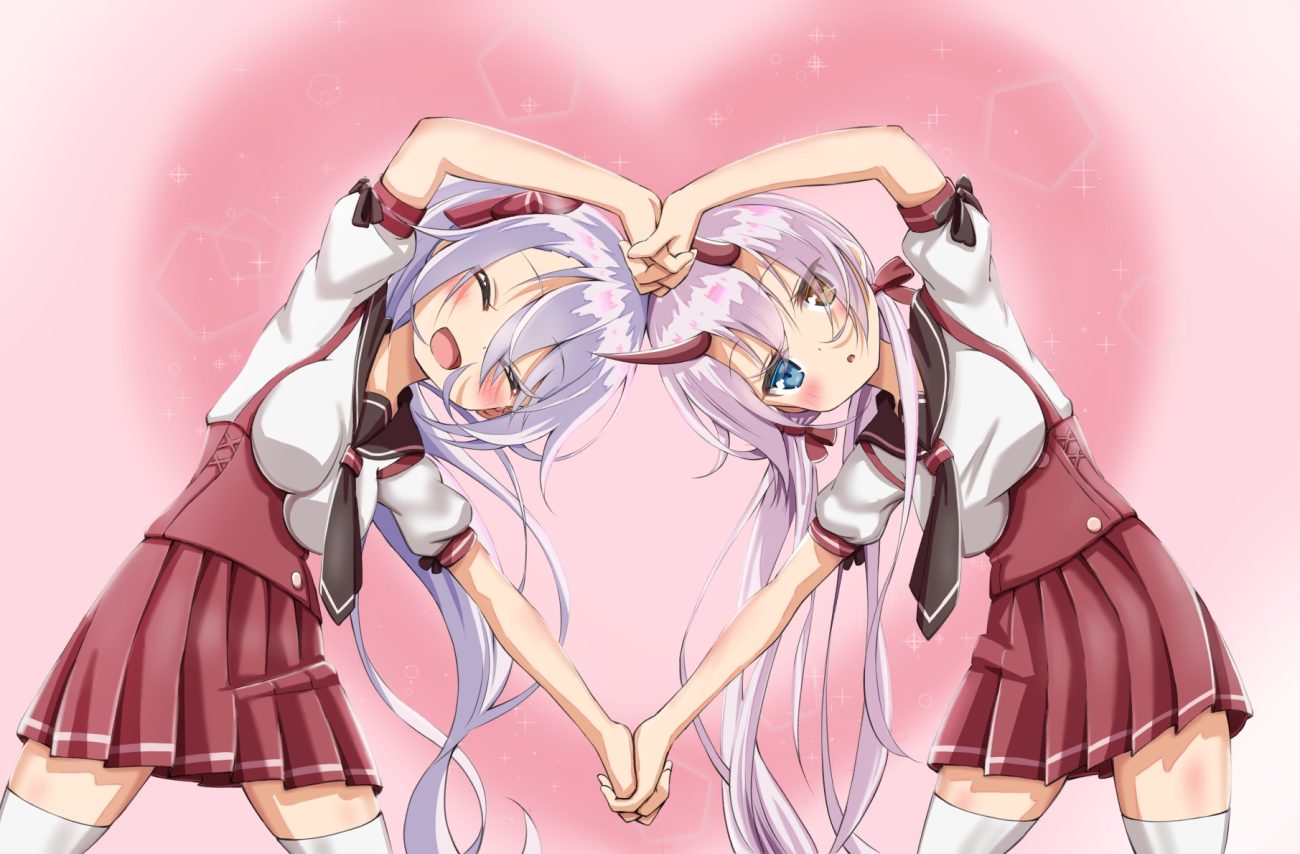 2girls anthropomorphism azur lane bicolored eyes blush demon gradient gray hair heart horns indianapolis (azur lane) long hair pink ponytail porontyo 07 portland (azur lane) purple hair school uniform skirt thighhighs twintails zettai ryouiki