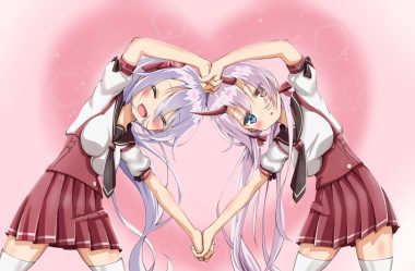 2girls anthropomorphism azur lane bicolored eyes blush demon gradient gray hair heart horns indianapolis (azur lane) long hair pink ponytail porontyo 07 portland (azur lane) purple hair school uniform skirt thighhighs twintails zettai ryouiki
