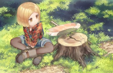 blonde hair boots fate/grand order fate (series) grass green loli monosenbei pantyhose paul bunyan (fate/grand order) short hair shorts yellow eyes