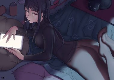 animal ass black hair cat cigarette computer dark julianne natalie stingray kotatsu long hair nopan pantyhose puru (manatsu) red eyes signed smoking twintails va-11 hall-a