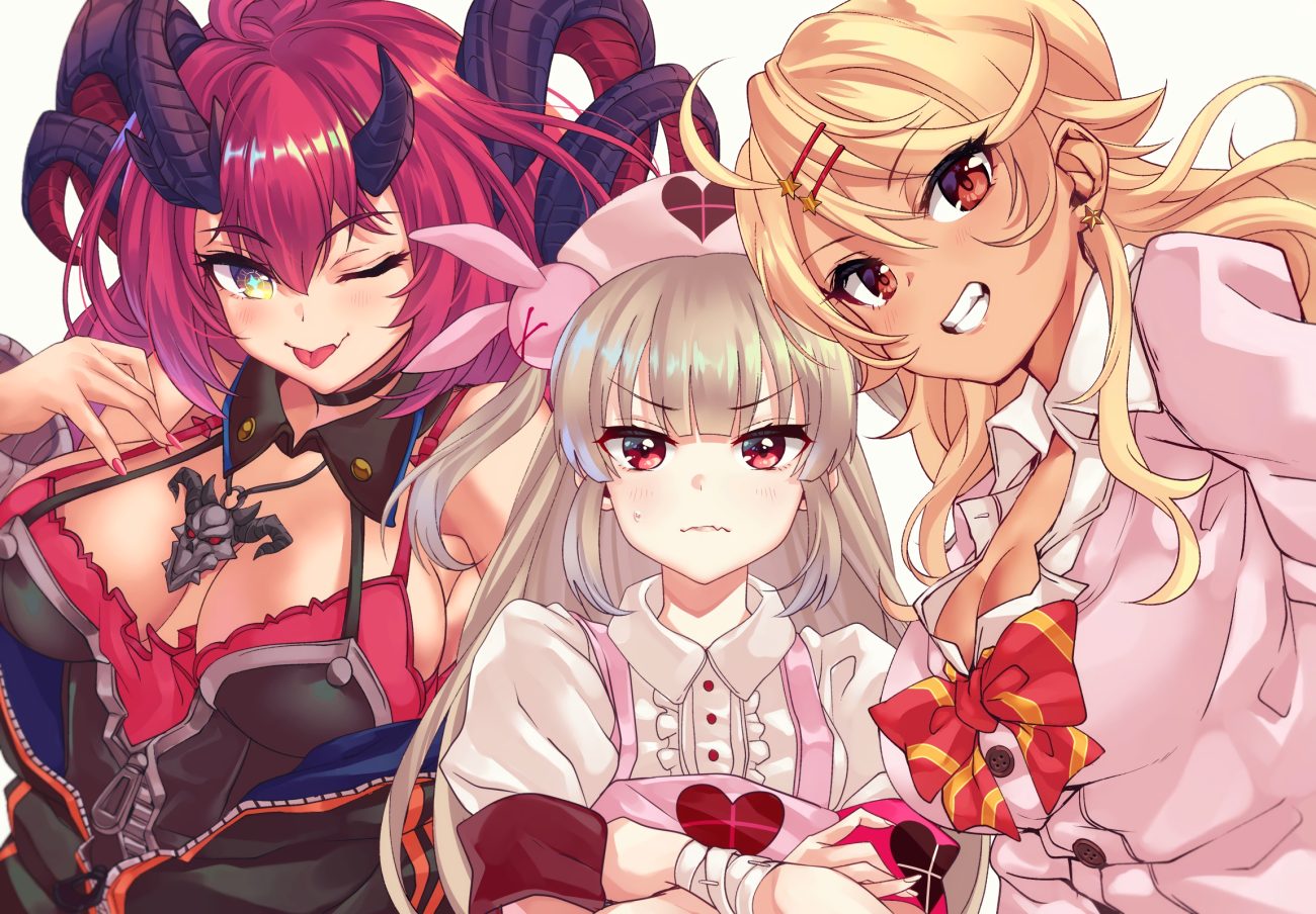 amaryllis gumi apron bandage blonde hair blush bow breasts brown hair choker cleavage dark skin fang headdress horns long hair magrona magrona channel natori sana necklace nurse ouga saki red eyes red hair sana channel school uniform tdnd-96 twintails wink wristwear yellow eyes