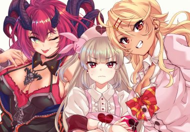 amaryllis gumi apron bandage blonde hair blush bow breasts brown hair choker cleavage dark skin fang headdress horns long hair magrona magrona channel natori sana necklace nurse ouga saki red eyes red hair sana channel school uniform tdnd-96 twintails wink wristwear yellow eyes