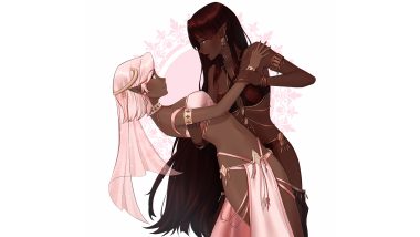brown hair dark skin helloimtea long hair pink hair pointed ears shoujo ai white