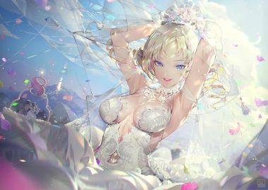 blonde hair blue eyes breasts cake catherine catherine (character) clouds dahl lange dress food headdress see through sky tiara twintails wedding attire