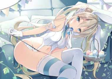 animal ears blonde hair blue eyes bunny ears bunnygirl couch flowers long hair original thighhighs twintails yu-ori