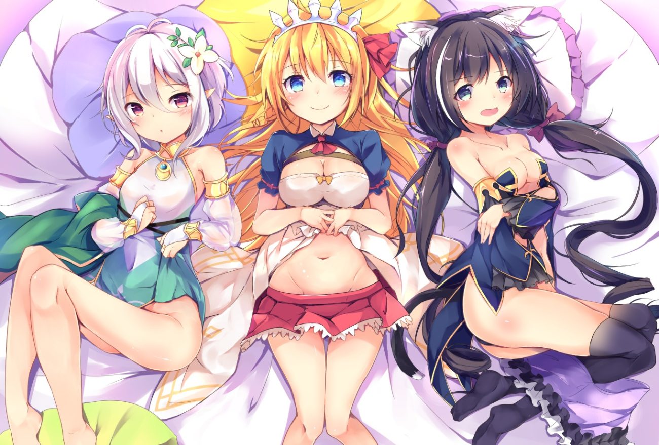 animal ears blonde hair blue eyes blush bow breasts catgirl cleavage dress flowers gray hair hinata yuu (atelierhinata) karyl long hair natsume kokoro navel pecorine pointed ears princess connect! purple eyes red eyes shirt skirt tail thighhighs tiara white hair