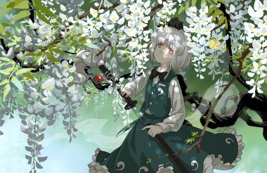 bow flowers katana konpaku youmu myon red eyes reflection seeker shade shirt short hair skirt sword touhou weapon white hair