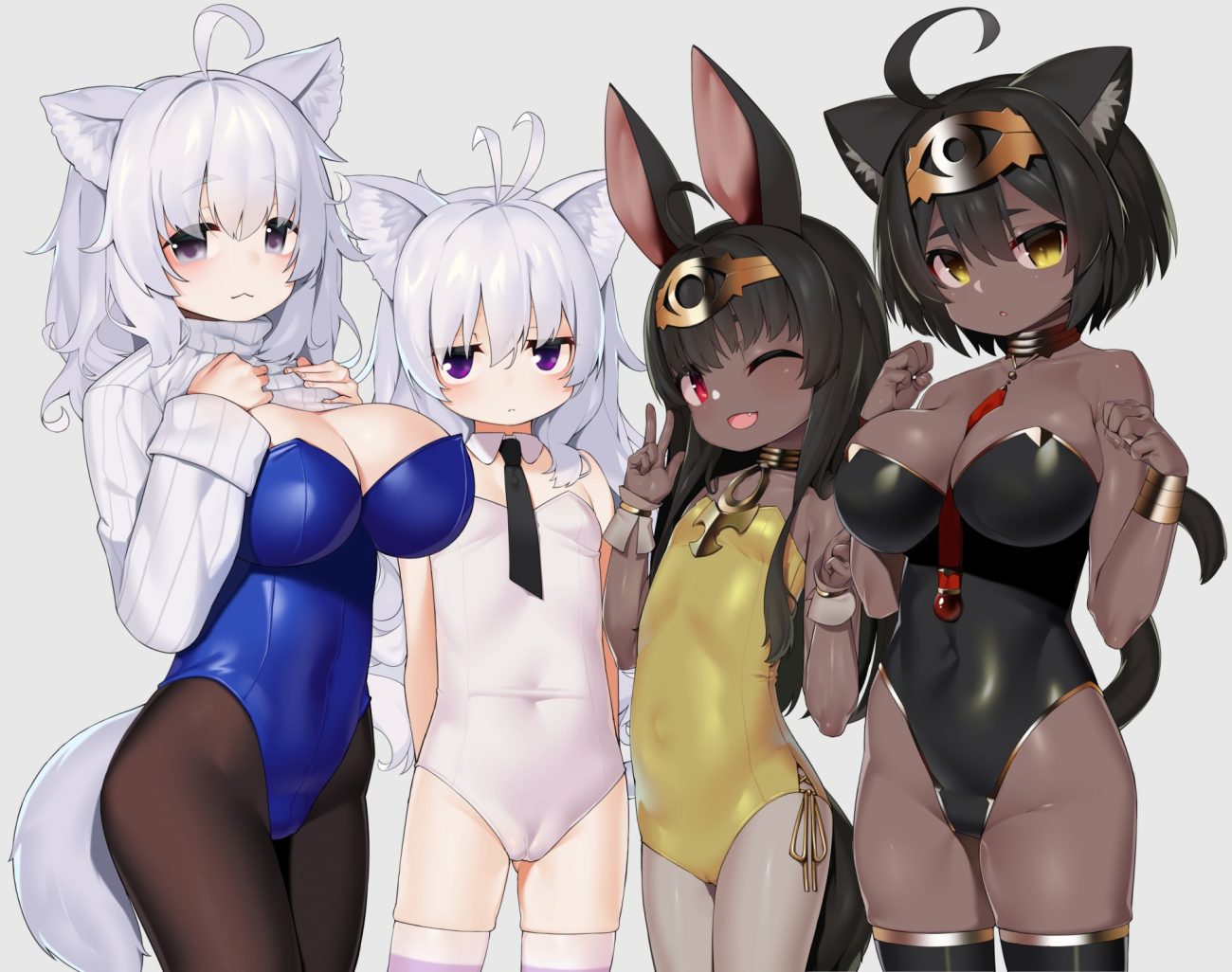 animal ears b lack box black hair bodysuit breasts cameltoe catgirl cat smile choker cleavage dark skin fang flat chest gray eyes gray hair group headdress loli long hair original pantyhose purple eyes red eyes shirt lift short hair skintight tail thighhighs tie wink wristwear yellow eyes