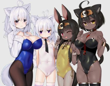 animal ears b lack box black hair bodysuit breasts cameltoe catgirl cat smile choker cleavage dark skin fang flat chest gray eyes gray hair group headdress loli long hair original pantyhose purple eyes red eyes shirt lift short hair skintight tail thighhighs tie wink wristwear yellow eyes