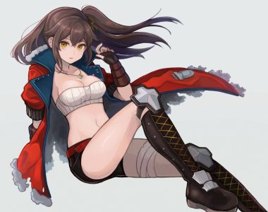 amy (another eden) another eden bandage boots breasts brown eyes brown hair cleavage gloves long hair moku (gnak5442) navel necklace
