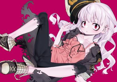 albatross koukairoku b lack box cameltoe hat kuro (albatross koukairoku) loli long hair pink red eyes spread legs torn clothes uniform white hair