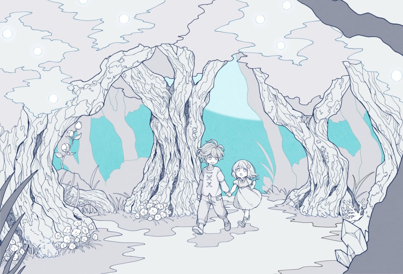 aldo (another eden) another eden feinne (another eden) forest loli male moku (gnak5442) polychromatic tree