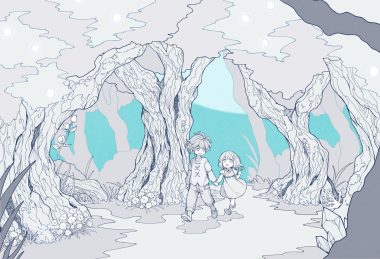 aldo (another eden) another eden feinne (another eden) forest loli male moku (gnak5442) polychromatic tree