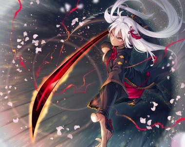 breasts cleavage dark skin dress fate/grand order fate (series) katana long hair magic munakata okita souji alter okita souji (fate) petals sword weapon white hair yellow eyes