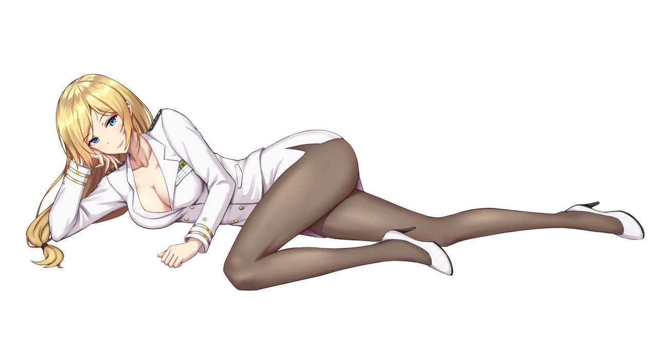 aqua eyes blonde hair breasts cleavage dylannn long hair military original pantyhose skirt uniform white