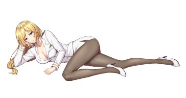 aqua eyes blonde hair breasts cleavage dylannn long hair military original pantyhose skirt uniform white