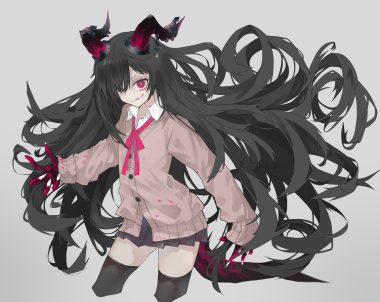 black hair blood demon gray horns kesuno long hair original red eyes ribbons school uniform skirt tail thighhighs zettai ryouiki