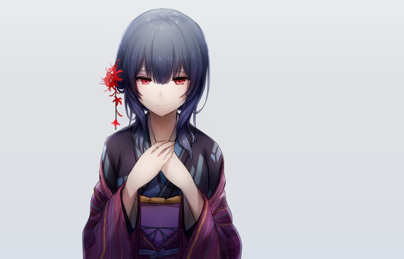black hair gray idolmaster idolmaster shiny colors japanese clothes kimono morino rinze okakasushi red eyes waifu2x