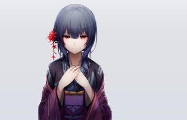 black hair gray idolmaster idolmaster shiny colors japanese clothes kimono morino rinze okakasushi red eyes waifu2x