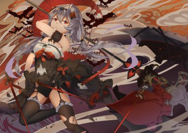 aliasing bodysuit garter belt gloves gray hair honkai impact honkai (series) kray. (k-ray) long hair red eyes stockings sword theresa apocalypse thighhighs torn clothes twintails weapon