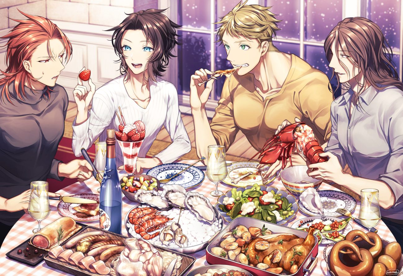 all male black hair blonde hair brown hair drink food fruit granblue fantasy green eyes group lancelot (granblue fantasy) long hair male matsuki tou orange (fruit) percival (granblue fantasy) red eyes red hair short hair siegfried (granblue fantasy) signed snow strawberry vane (granblue fantasy) yellow eyes