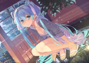 aqua eyes aqua hair beek blush breasts cleavage dress grass hatsune miku long hair rain twintails vocaloid water wet