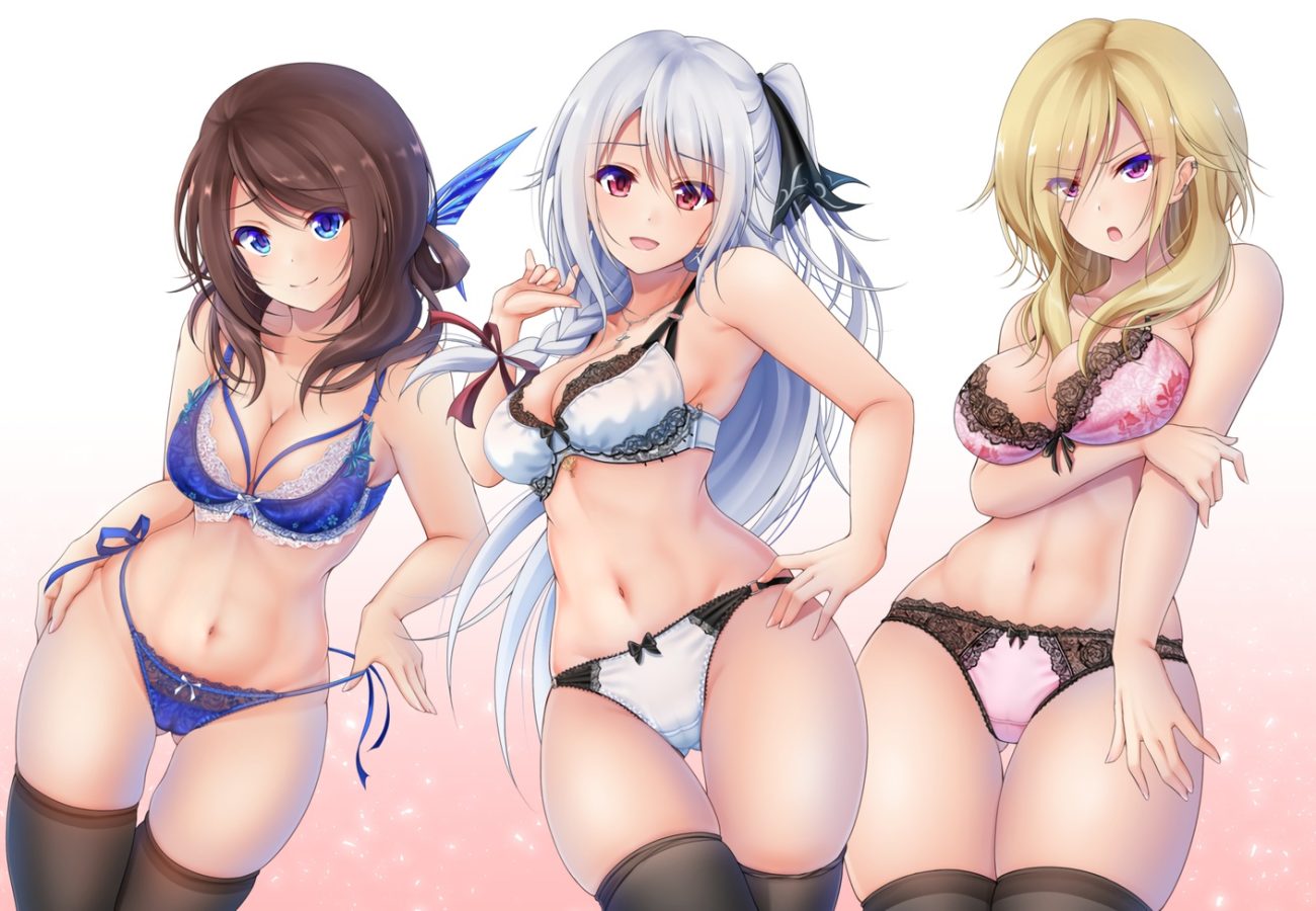 aqua eyes blonde hair blush bra breast hold breasts brown hair cameltoe cleavage denpa (denpae29) gradient long hair navel original panties red eyes thighhighs underwear waifu2x white hair