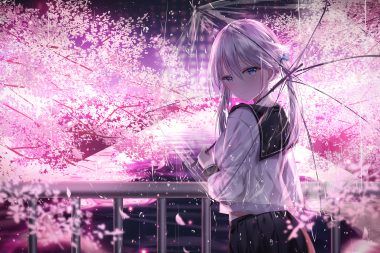 aliasing blue eyes cherry blossoms crying flowers jpeg artifacts junpaku karen long hair original rain school uniform skirt tears tree twintails umbrella water white hair