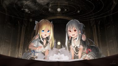 2girls blonde hair blue eyes dark dress gray hair long hair original red eyes saraki signed twintails