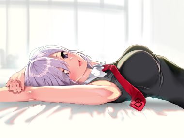 bed breasts fate/grand order fate (series) kojima saya mash kyrielight purple eyes purple hair short hair tie