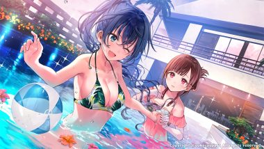 2girls ball black hair blue eyes breasts brown hair building cleavage flowers hanekoto kudan no folklore kudan sakuya long hair pink eyes ponytail pool shima touko short hair tree waifu2x water watermark wet wink