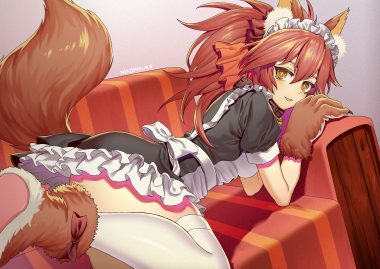 animal ears boots collar fate/grand order fate (series) foxgirl gloves headdress long hair maid makise medaka pink hair ponytail tail tamamo cat tamamo no mae (fate) thighhighs yellow eyes