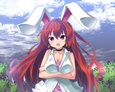 animal ears breast hold breasts bunny ears bunnygirl choker cleavage clouds long hair original purple eyes red hair ryougo sky usami tsuitachi