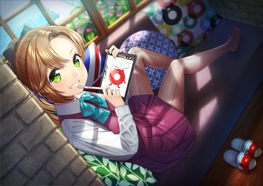 akigumo (kancolle) anthropomorphism brown hair computer couch flowers green eyes kantai collection long hair pantyhose ponytail school uniform skirt yukimi dango