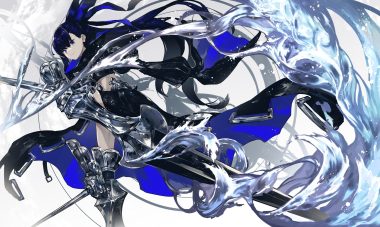 armor black hair blue eyes fate/grand order fate (series) kusakanmuri long hair meltryllis polychromatic ribbons water weapon