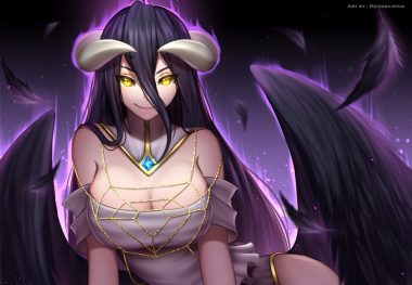 albedo black hair breasts cleavage demon dress feathers gradient horns long hair magic overlord reizdrawing succubus waifu2x watermark wings yellow eyes