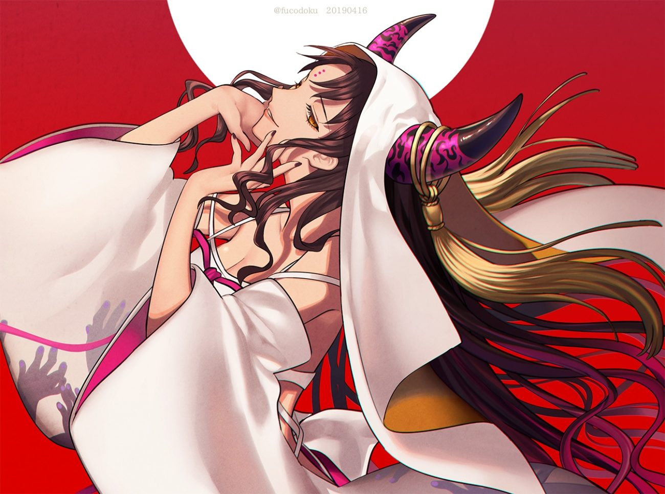 breasts brown hair cleavage fate/grand order fate (series) fucodoku headdress horns japanese clothes long hair orange eyes red sesshouin kiara watermark