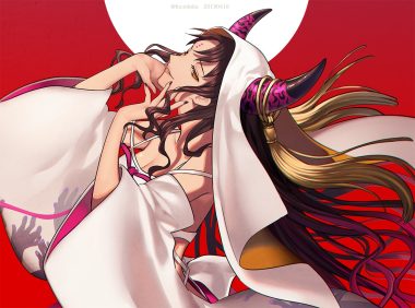 breasts brown hair cleavage fate/grand order fate (series) fucodoku headdress horns japanese clothes long hair orange eyes red sesshouin kiara watermark