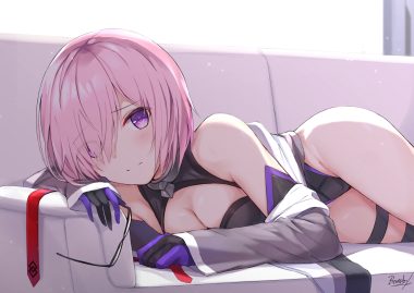 bee doushi blush bodysuit breasts cleavage couch elbow gloves fate/grand order fate (series) garter gloves mash kyrielight pink hair purple eyes short hair signed tie