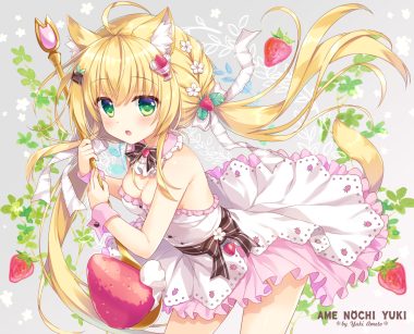ameto yuki animal ears blonde hair blush bow breasts catgirl chocomint (ameto yuki) cleavage dress flowers food fruit gradient green eyes leaves long hair original ribbons strawberry tail twintails watermark wristwear
